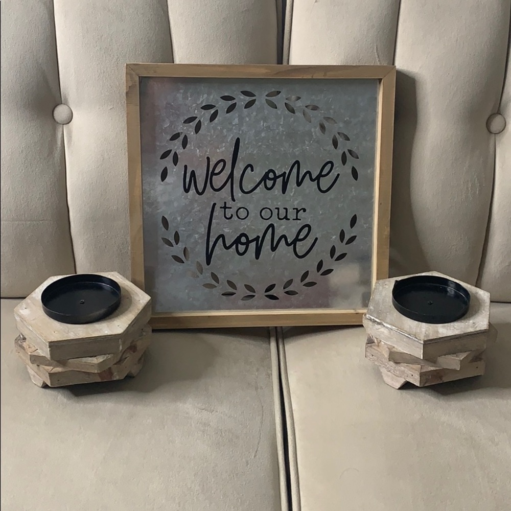 Farmhouse welcome to our home and candle holders